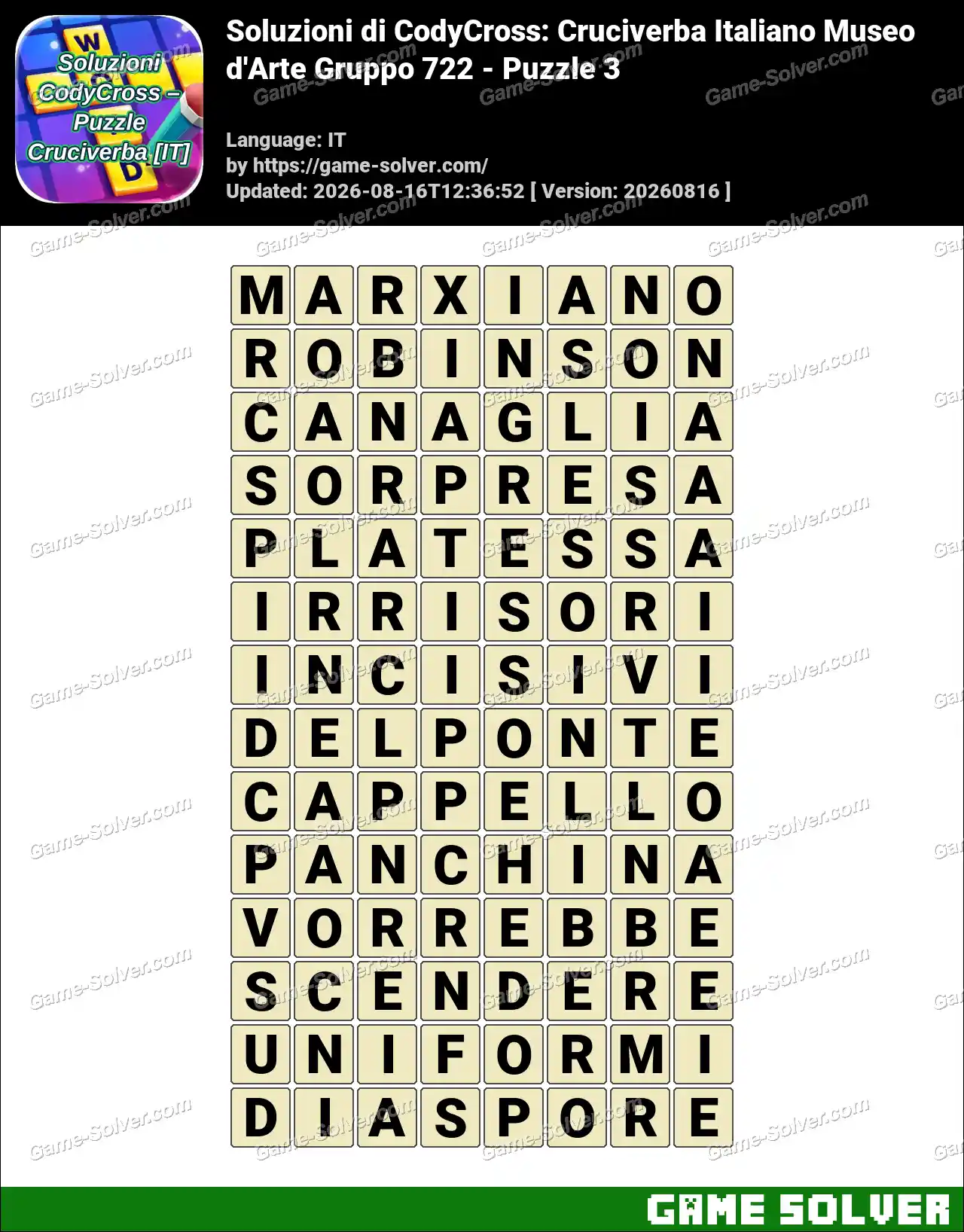 Soluzioni di CodyCross: Cruciverba Italiano Museo d’Arte Gruppo 722 – Puzzle 3
